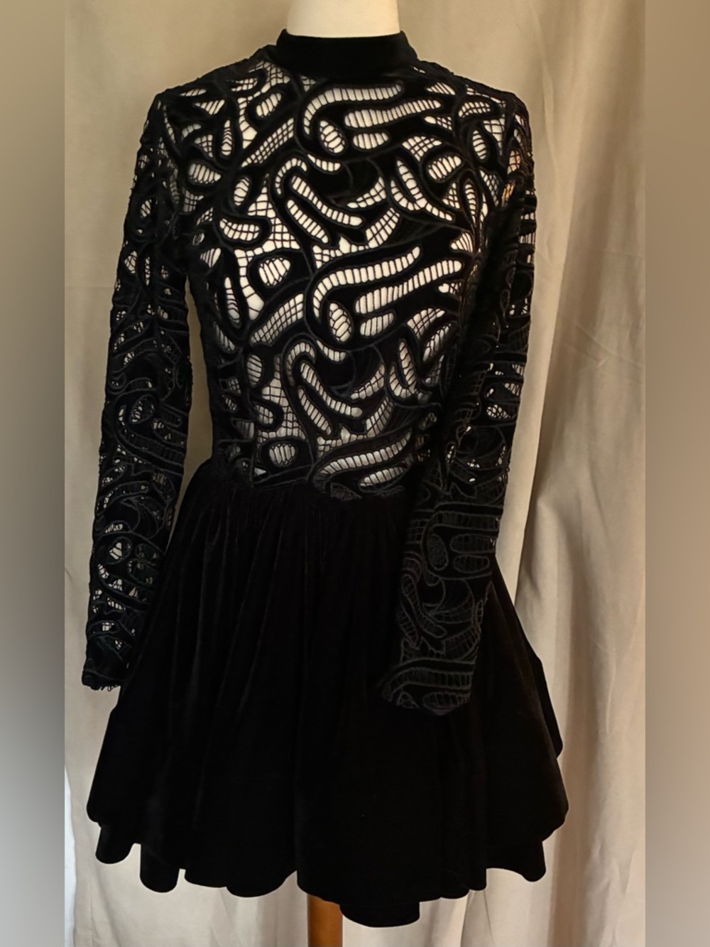 Black Lace Velvet Skater Dress - Long Sleeve